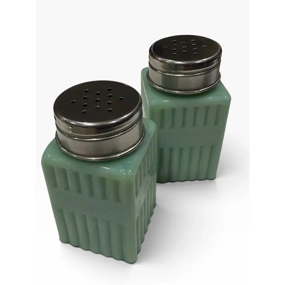 TPC Jadeite Green Milk Glass Salt & Pepper Shakers Ribbed Square Import Vintage